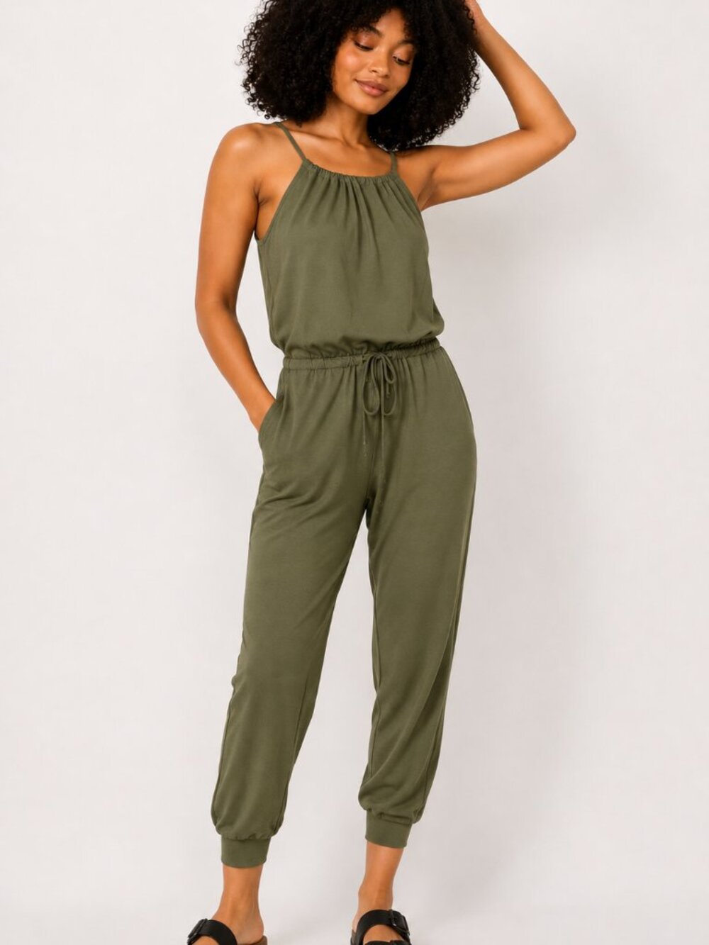 Lou & Grey Olive Green Strappy Jogger Jumpsuit Drawstring Size S Sample Sale